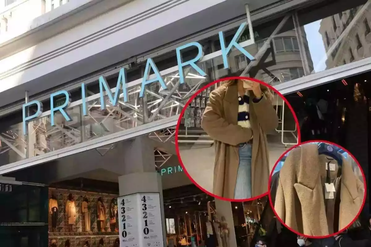 Montaje con tienda de Primark y círculos rojos con abrigo The Edit de Primark