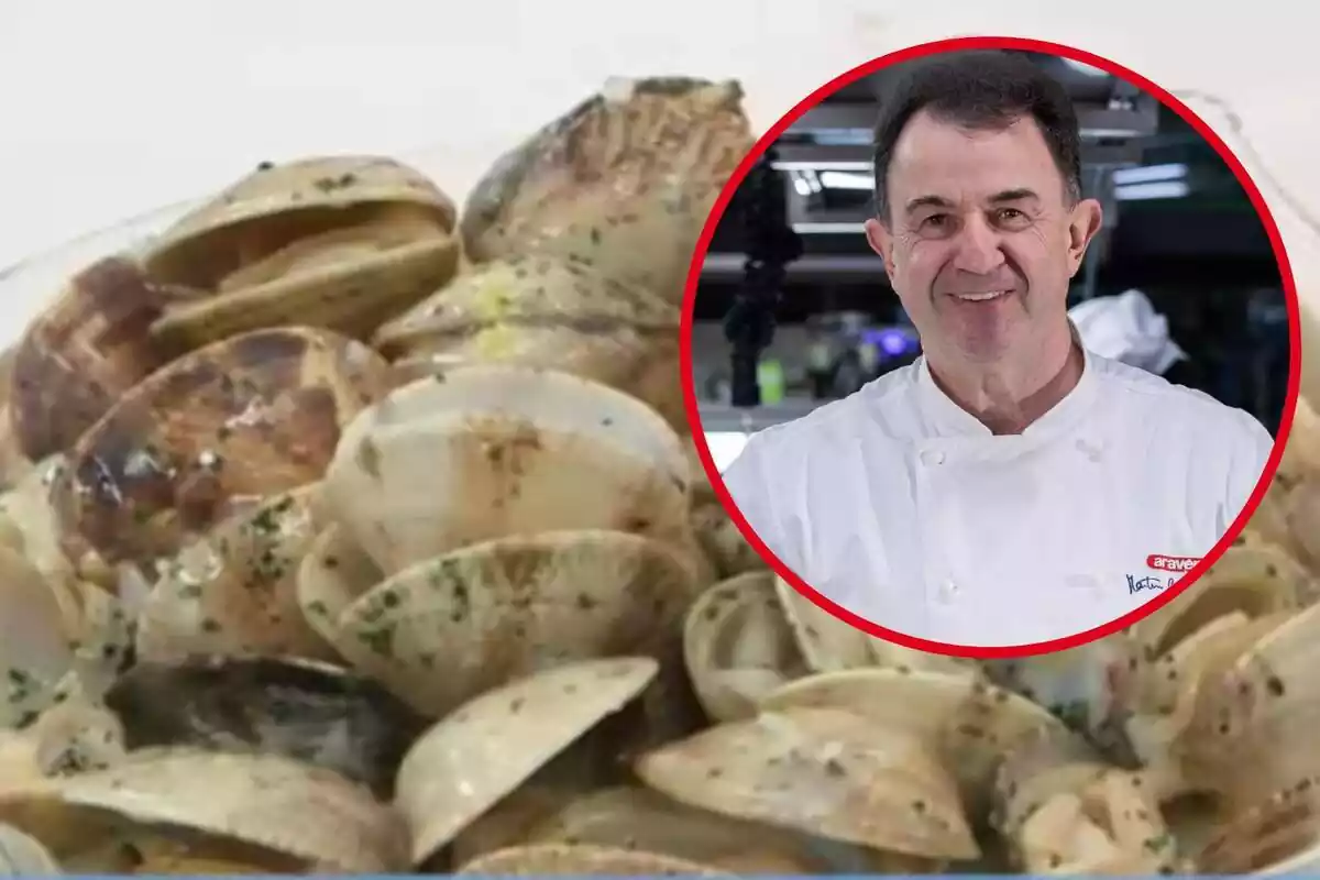 Montaje con plato de almejas a la marinera y círculo rojo con foto de Martín Berasategui