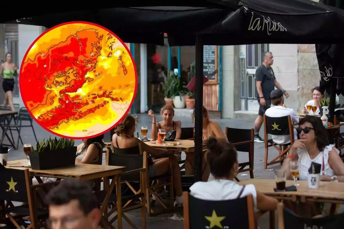 Montaje con terraza de un bar y personas tomando algo y círculo rojo con las altas temperaturas de estos días en España