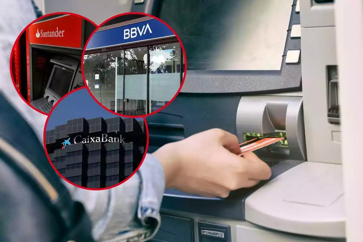 Imagen de una persona insertando una tarjeta de crédito en el banco con tres imágenes destacadas de los siguientes bancos: BBVA, Santander y CaixaBank
