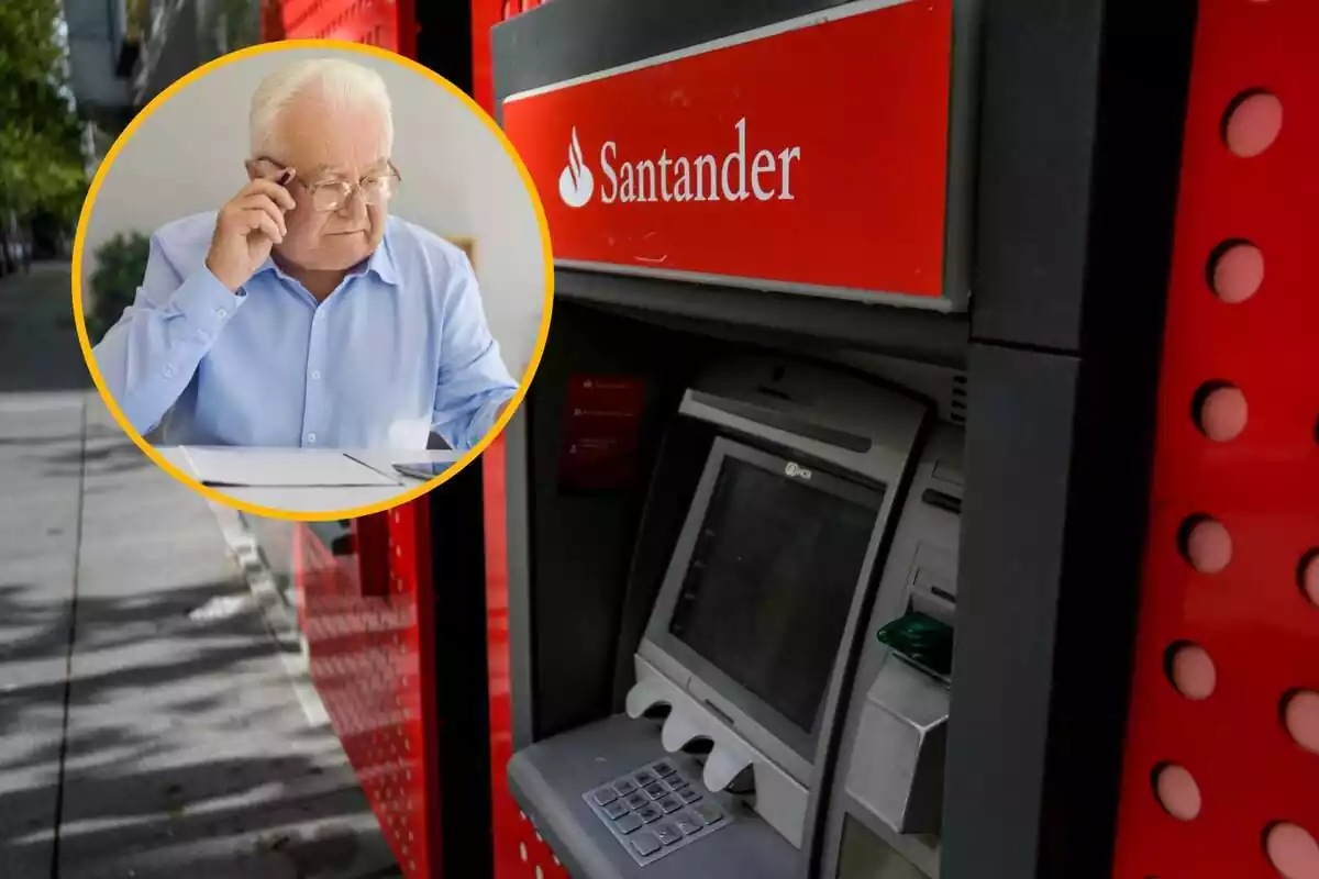Montaje con cajero automático del Banco Santander y círculo amarillo con hombre mayor con gafas