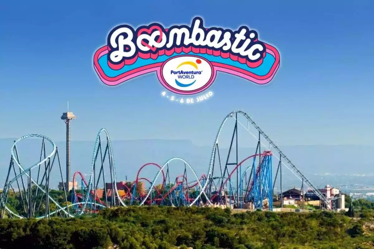 Montaje con atracciones de PortAventura y logo del festival Boombastic