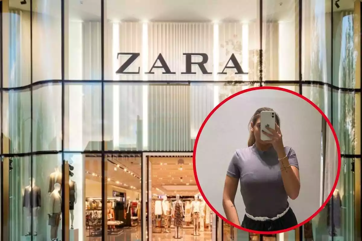 Montaje con tienda de Zara de fondo y círculo rojo con chica con camiseta de cuello perkins en lila