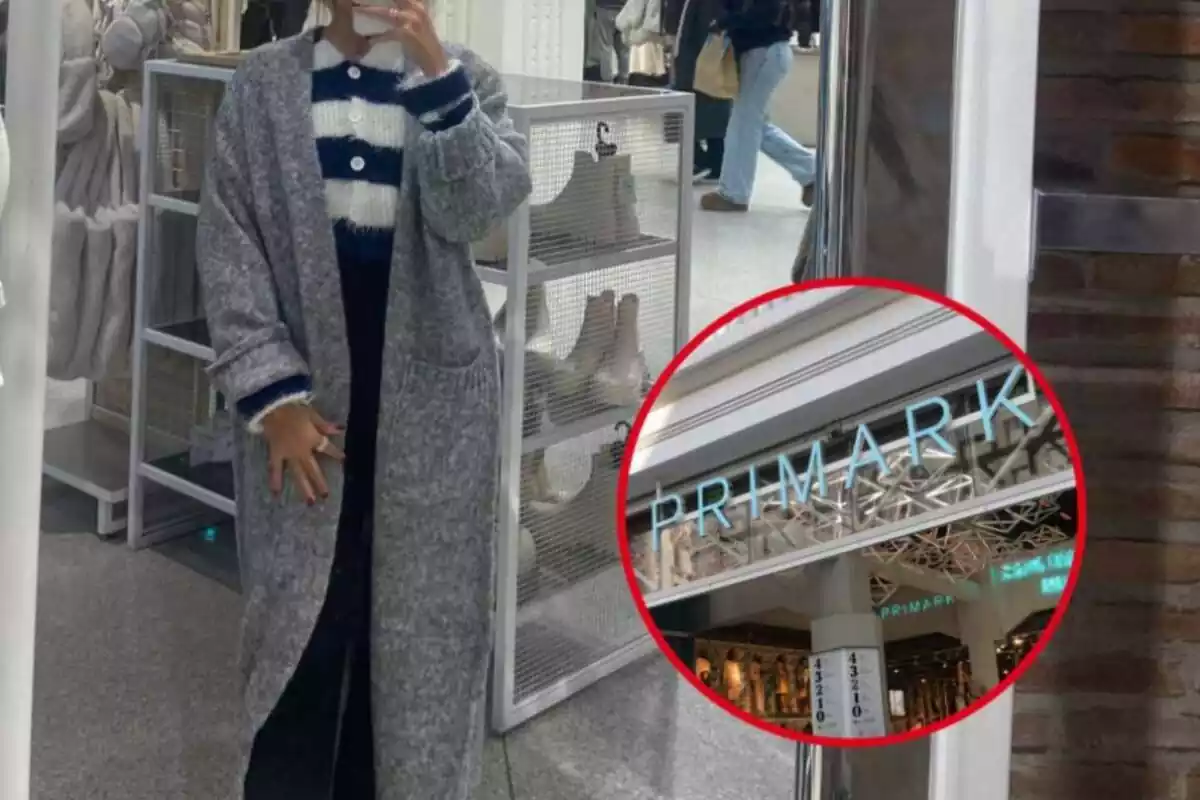 Montaje con chica con cárdigan gris y círculo rojo con tienda Primark