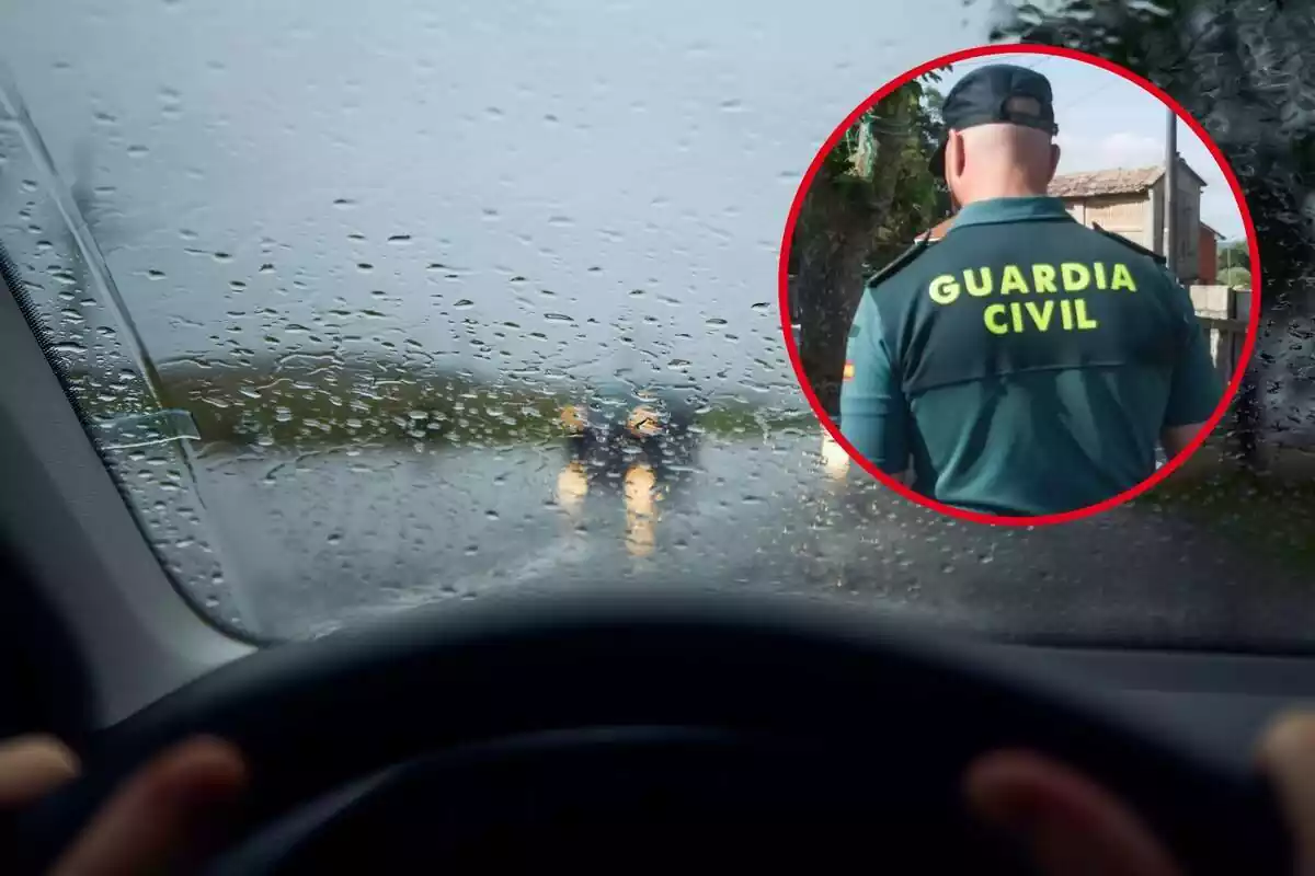 Montaje con persona conduciendo con lluvia y círculo rojo con Guardia Civil