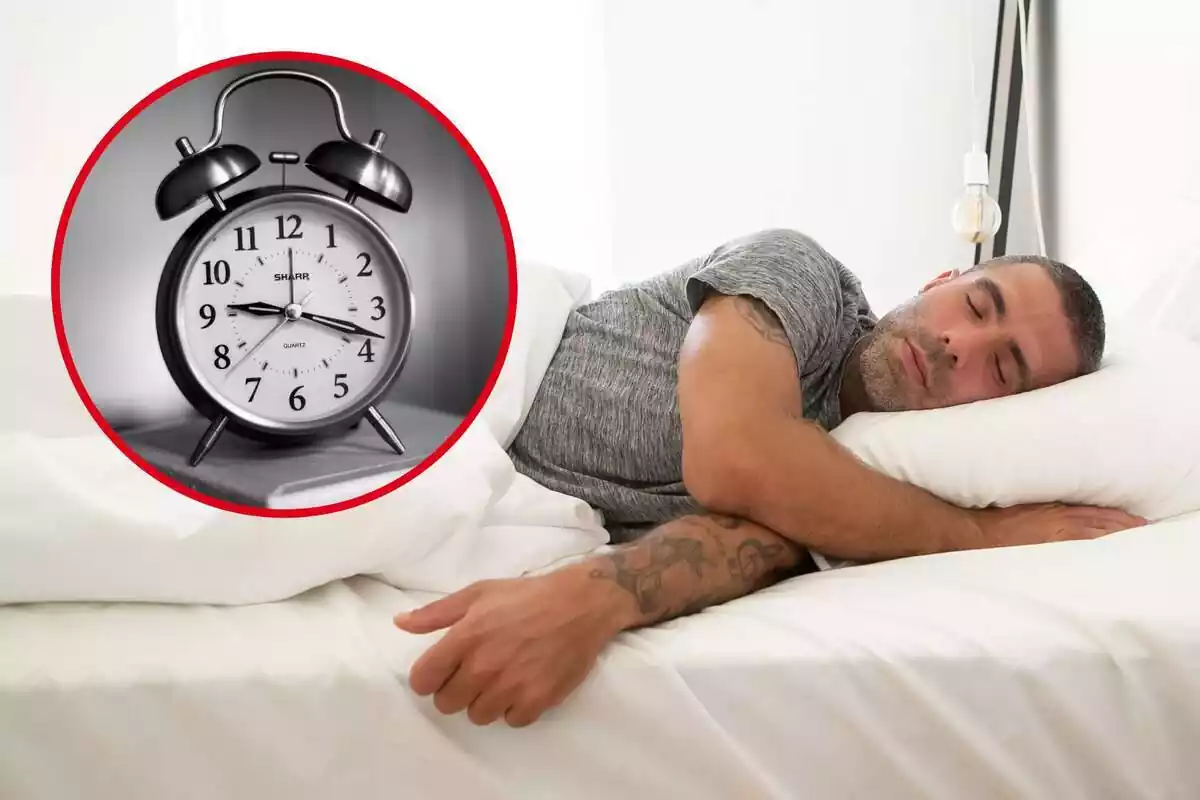 Montaje con hombre durmiendo y círculo rojo con despertador