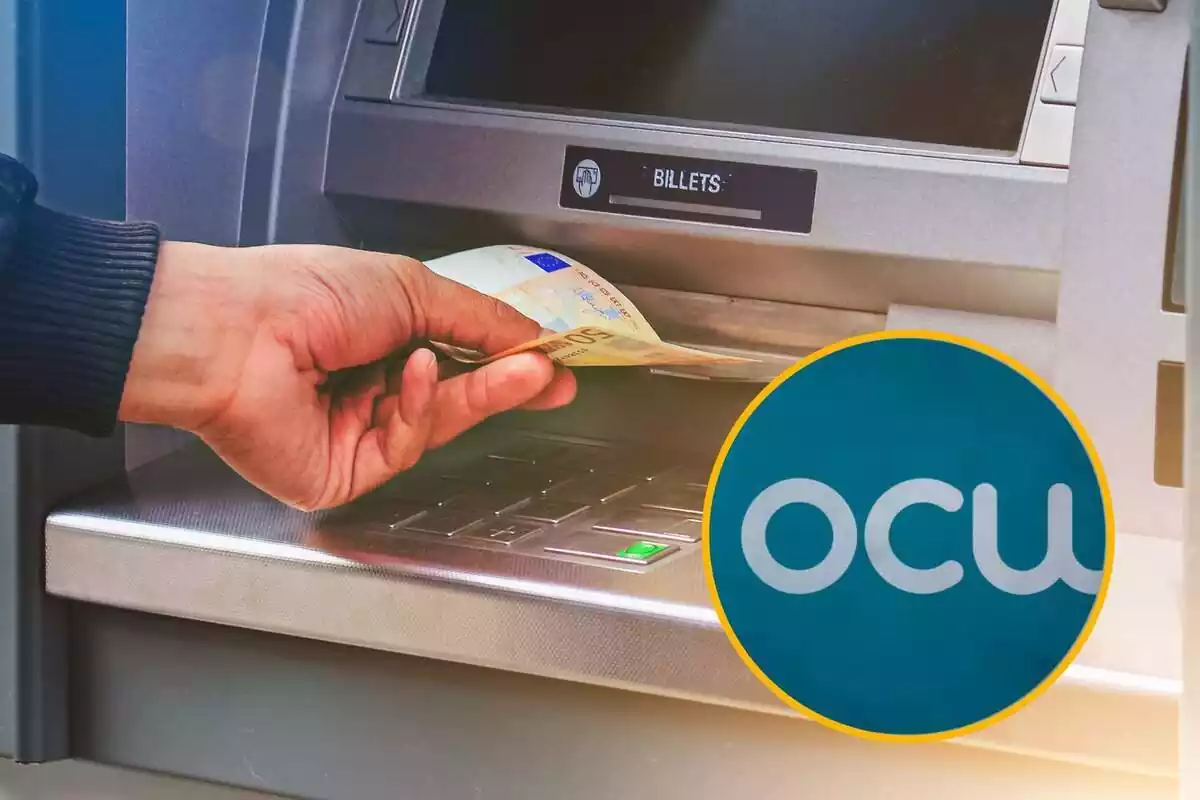 Montaje con persona en cajero automático con billetes en la mano y círculo amarillo con logo de la OCU