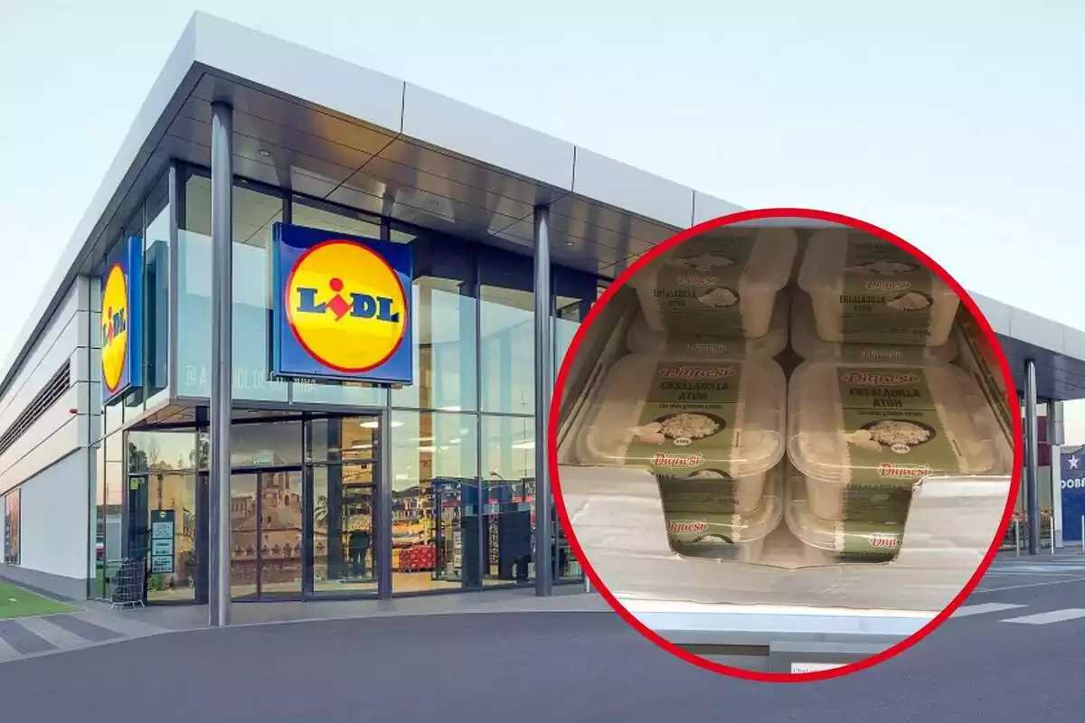 Montaje con establecimiento de Lidl y círculo rojo con envases de ensaladilla rusa