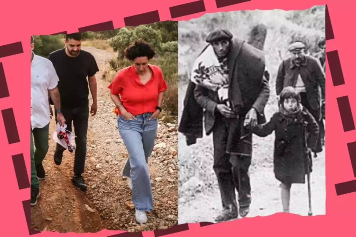 Dos imágenes comparativas: a la izquierda, tres personas caminando por un sendero de tierra en un entorno natural; a la derecha, una fotografía en blanco y negro de personas caminando, una de ellas llevando a un niño en brazos.