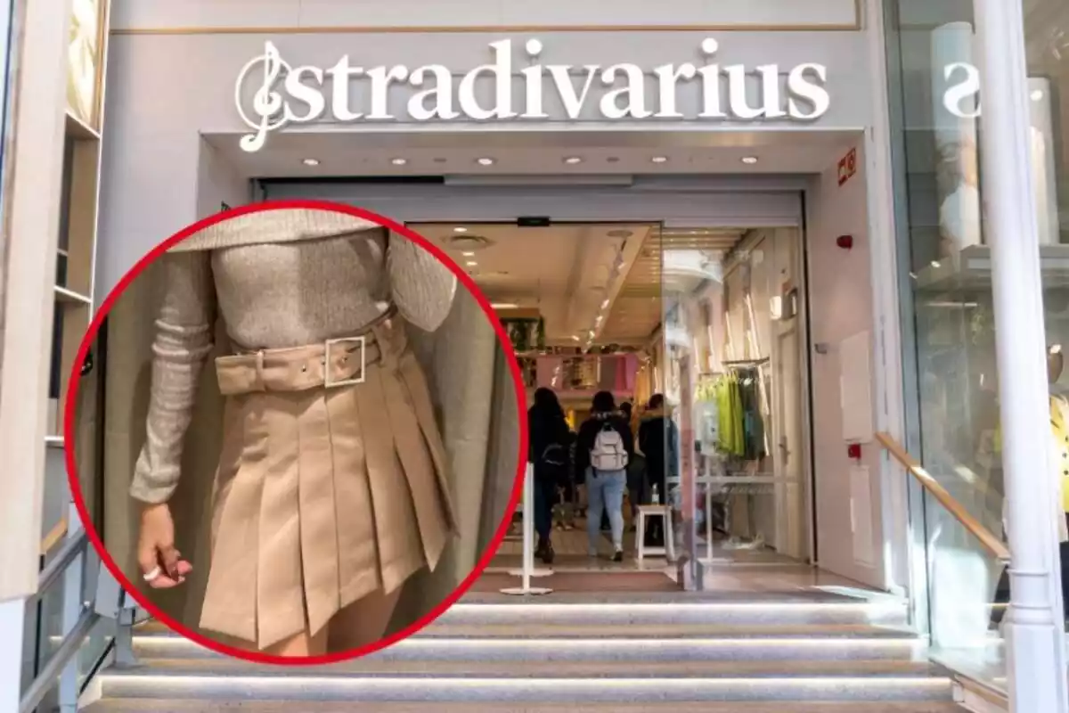 Montaje con tienda de Stradivarius y círculo rojo con chica con falda mini tablas de Stradivarius