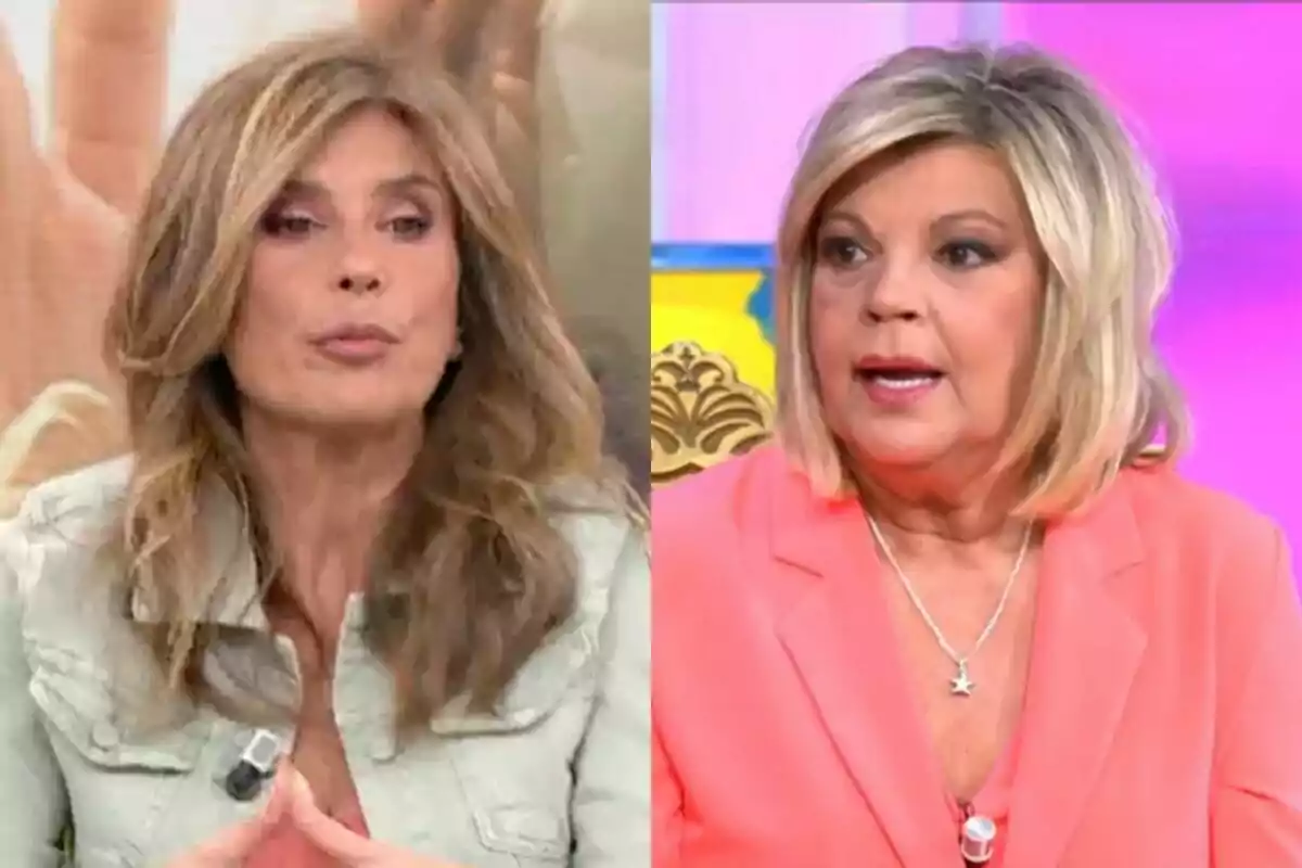 Gema López y Terelu Campos aparecen en un programa de televisión, una con cabello largo y castaño claro y la otra con cabello rubio y corto, ambas están vestidas de manera elegante y parecen estar participando en una conversación o debate.