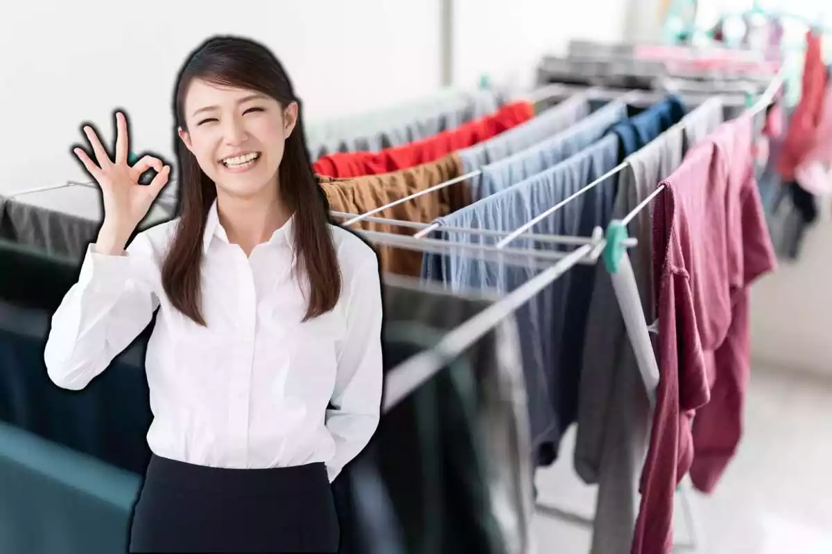 Montaje con ropa tendida en un tendedero y japonesa haciendo gesto de 'ok' con la mano