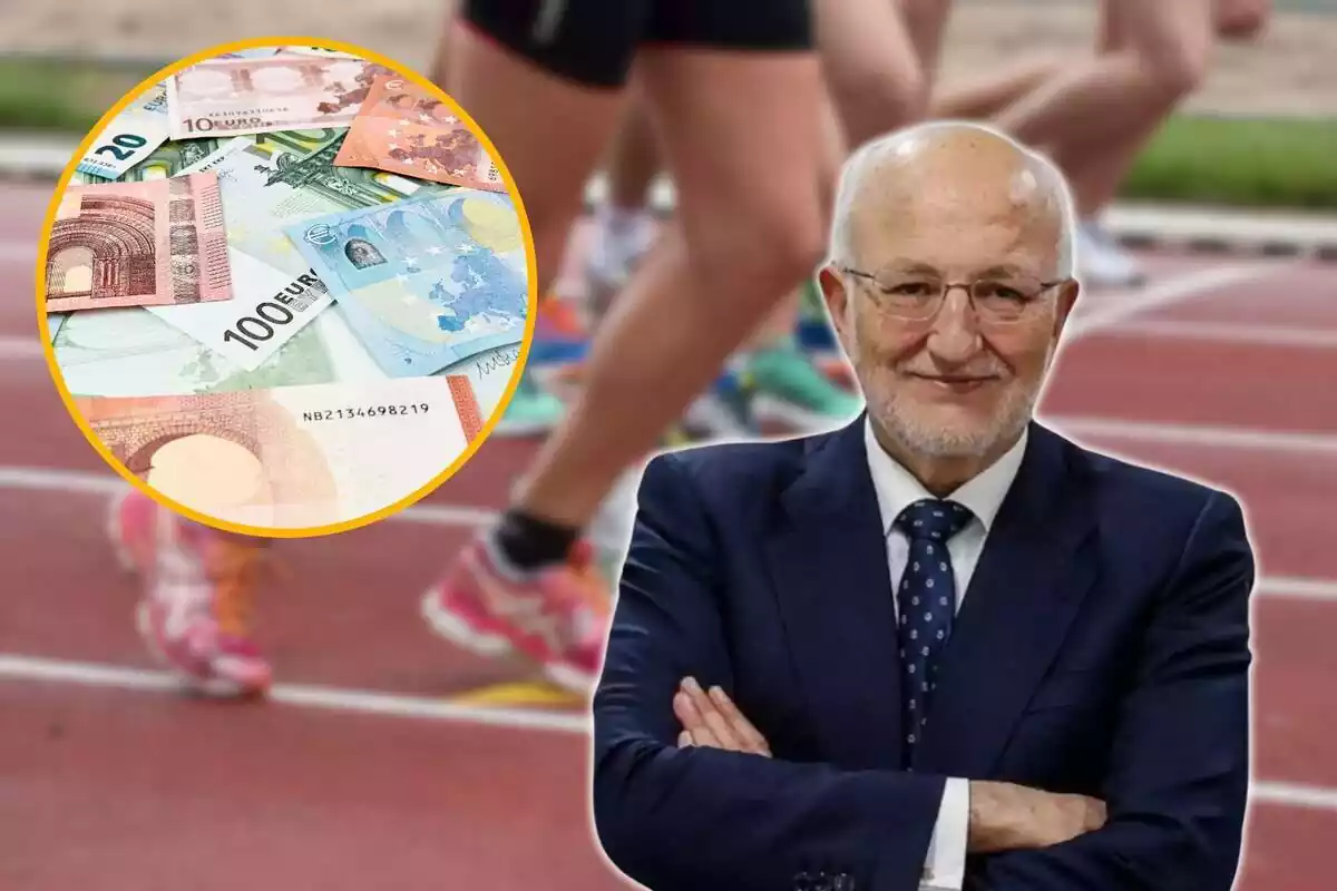 Montaje con personas haciendo atletismo de fondo, Juan Roig con los brazos cruzados delante y círculo amarillo con billetes de EURO