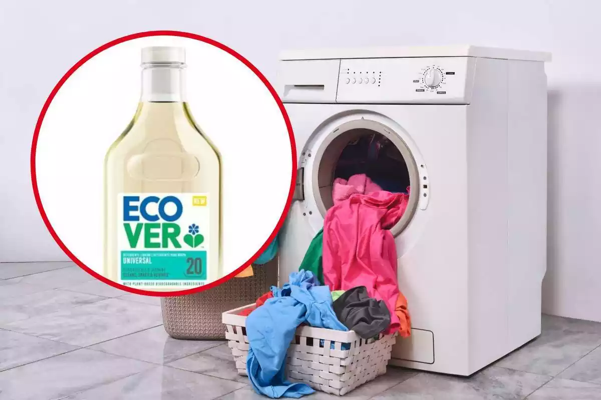 Montaje con lavadora y ropa saliendo de ella y círculo rojo con bote de detergente Ecovergente