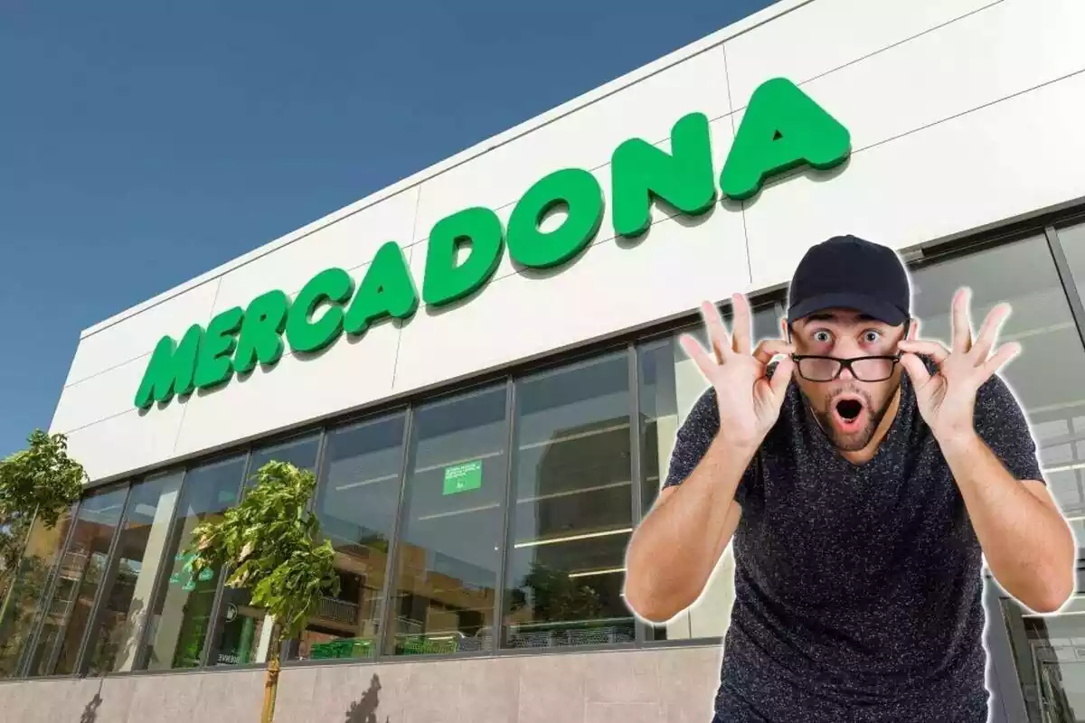 Montaje con tienda Mercadona y hombre con gafas sorprendido