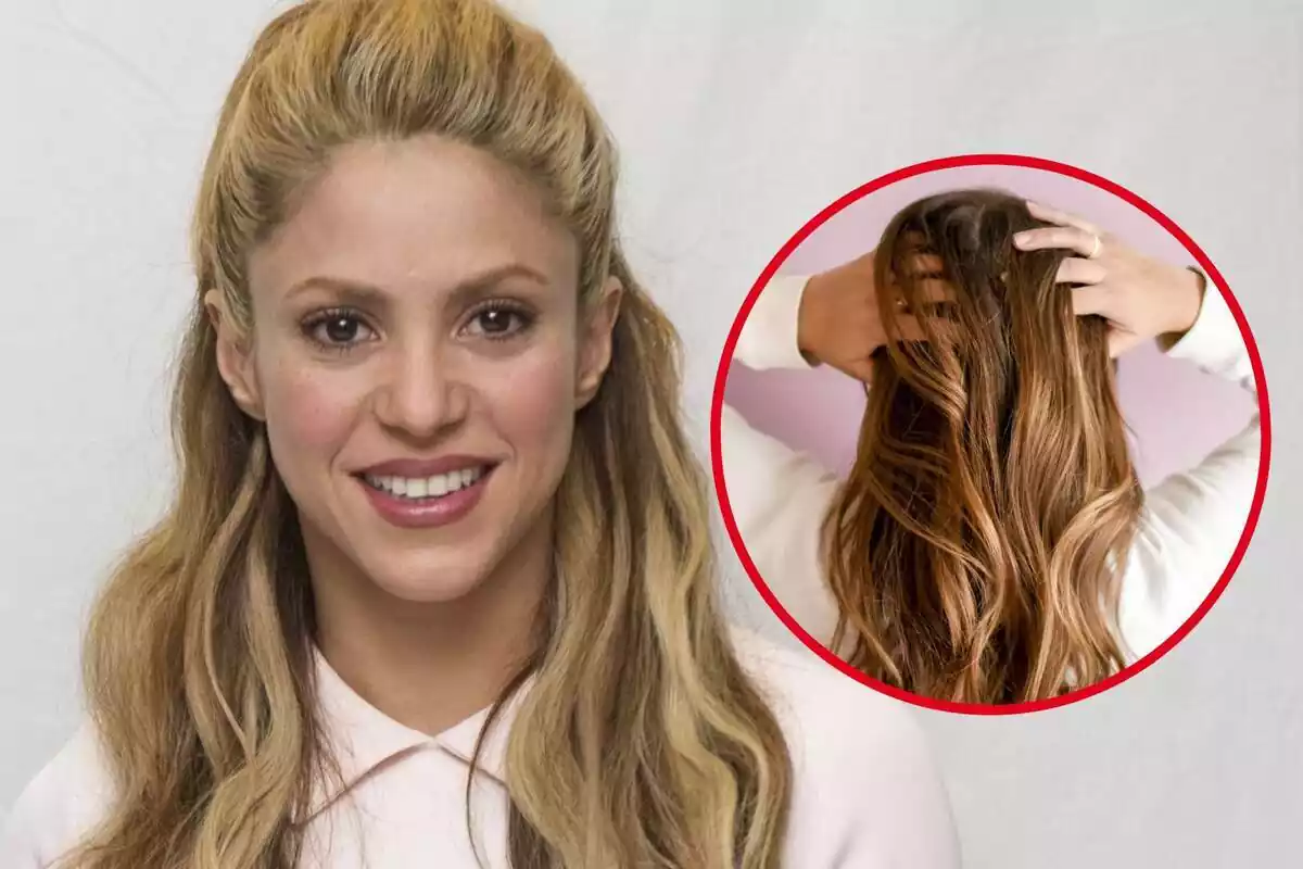 Montaje con foto de Shakira y círculo rojo con chica con cabello largo