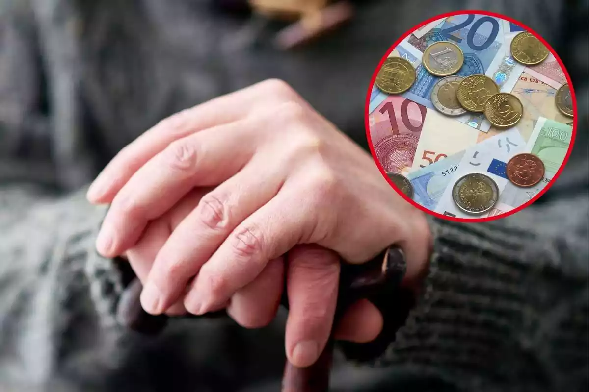 Manos sujetando un bastón con una imagen destacada a la derecha de un conjunto de billetes y monedas