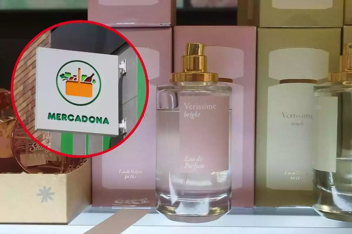 Montaje con perfume de Mercadona en estantería y círculo rojo con cartel de Mercadona