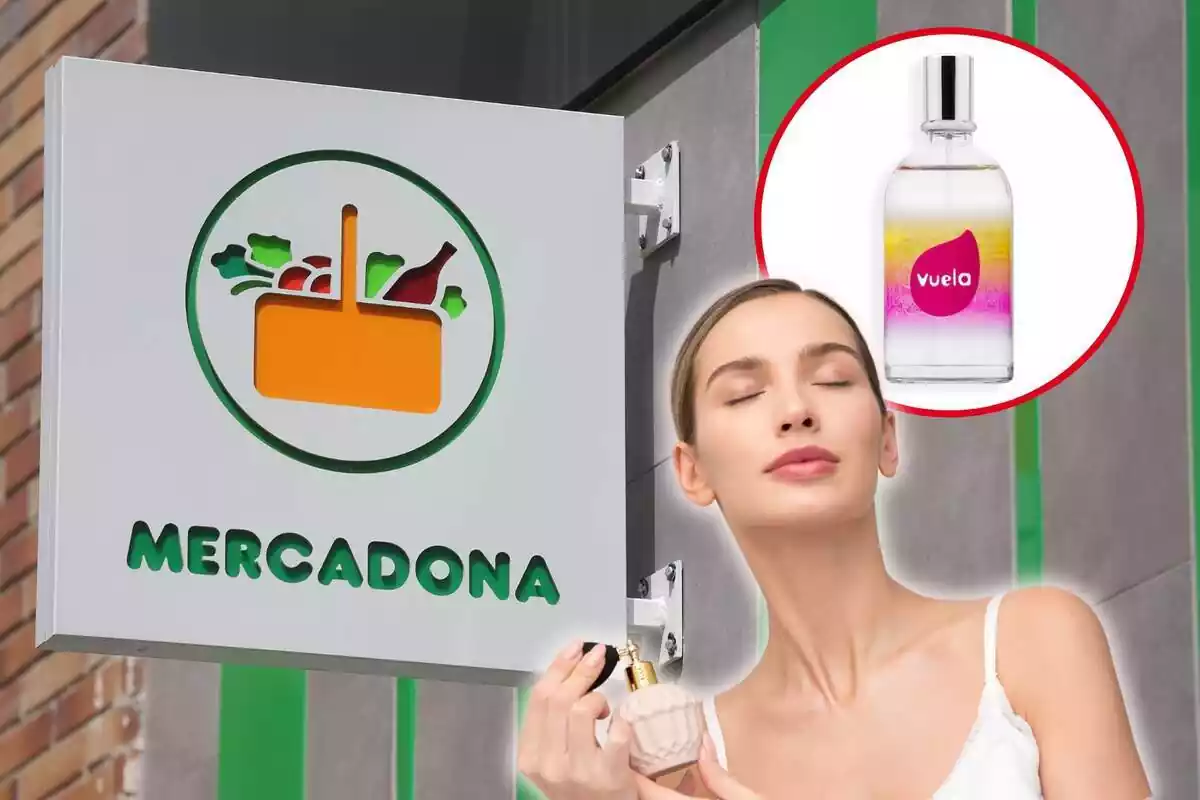 Mujer perfumándose con una imagen de fondo del supermercado Mercadona y una imagen destacada del perfume "Vuela"