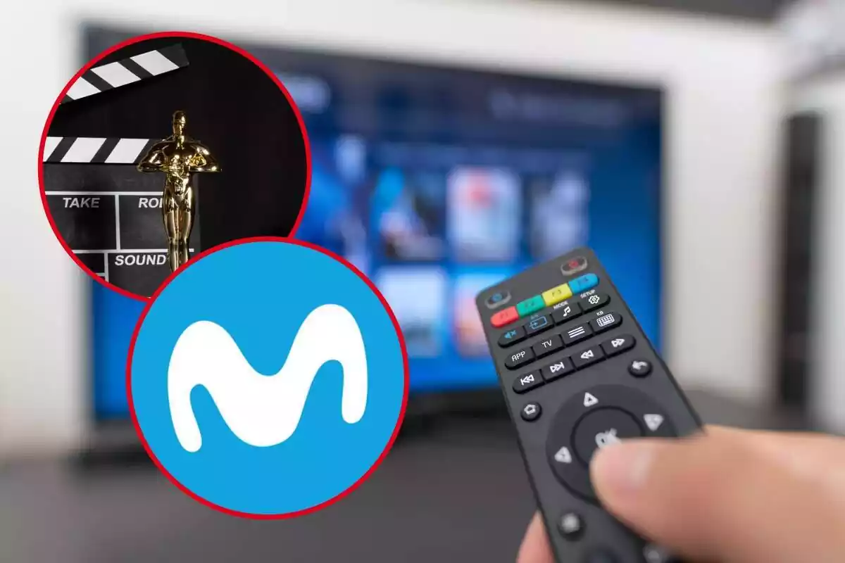Montaje con persona con mando de la TV y TV encendida, y círculo rojo con premio Oscar y otro con el logo de Movistar