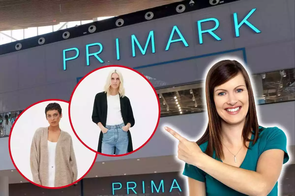 Mujer señalando dos fotografias destacadas de dos mujeres con el nuevo cárdigan de Primark con una imagen de fondo del establecimiento