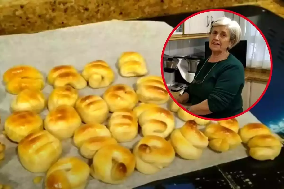 Montaje con fondo de mazapanes y círculo rojo con mujer mayor