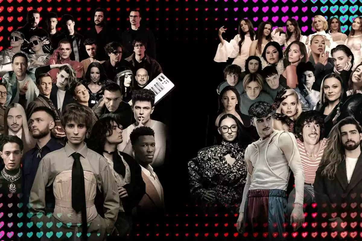Un collage de varias personas posando en un fondo negro con corazones de colores en los bordes en 'Eurovisión'.
