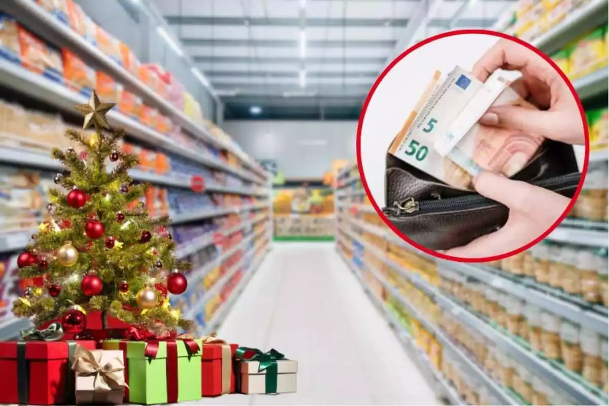 Montaje con pasillo de supermercado de fondo, árbol de Navidad con regalos y círculo rojo con monedero y billetes de Euro