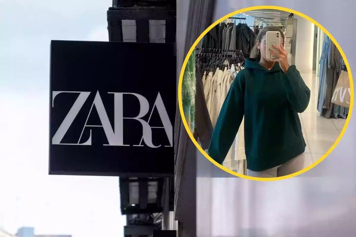Montaje con logo de Zara y círculo con una persona con sudadera verde de Zara