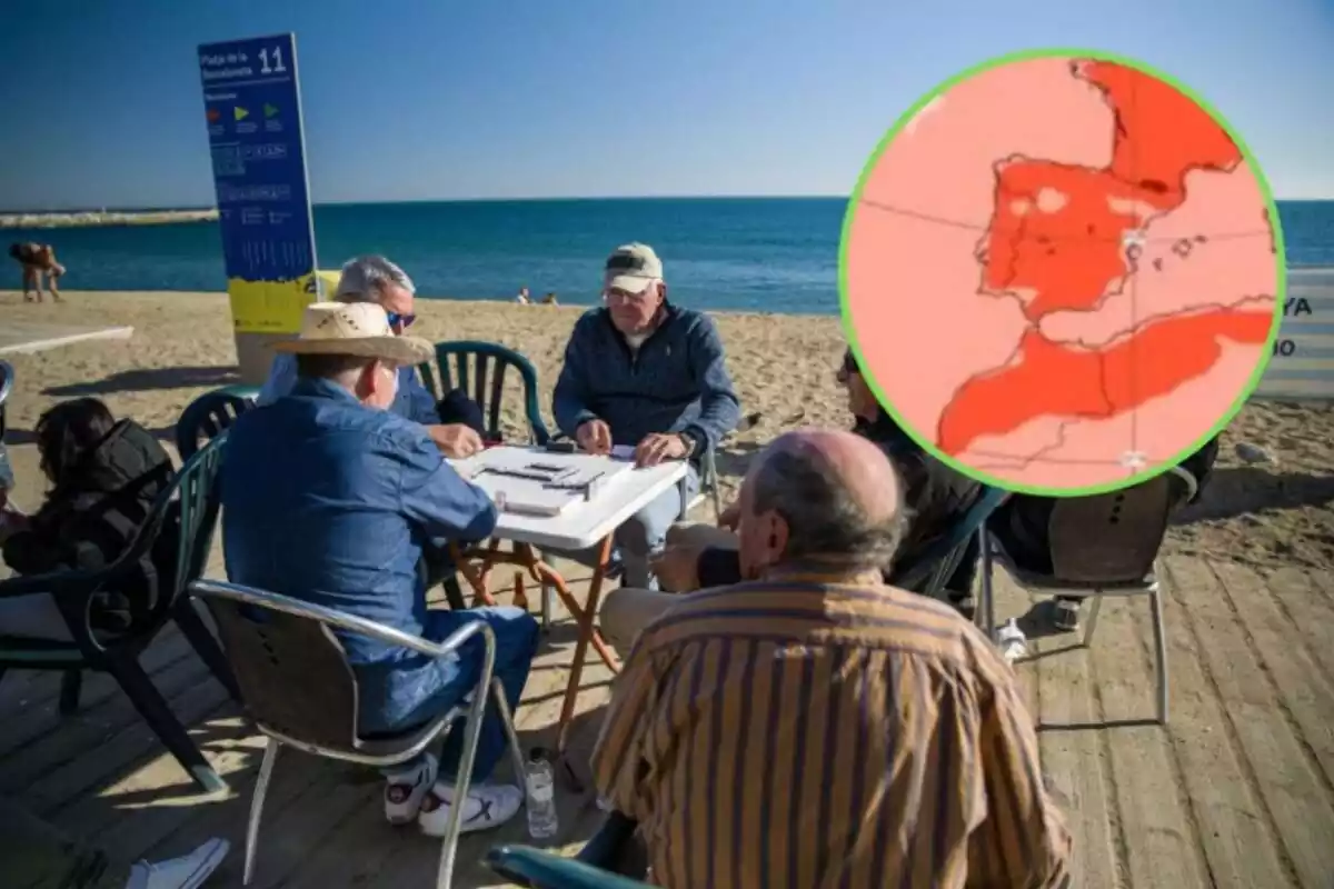 Montaje con hombres sentados jugando a juego de mesa y círculo verde con mapa de España y la previsión de las temperaturas