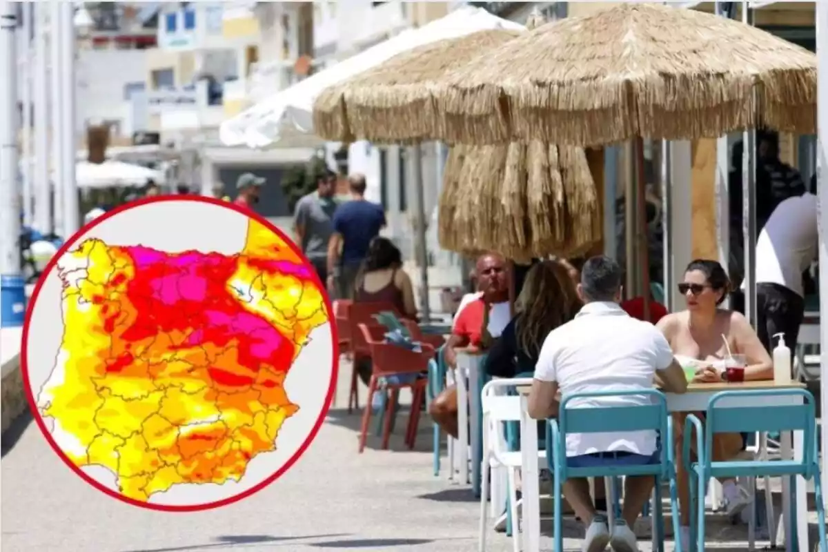 Montaje con personas en terraza de un bar y círculo rojo con la previsión del tiempo del sábado 11 de noviembre