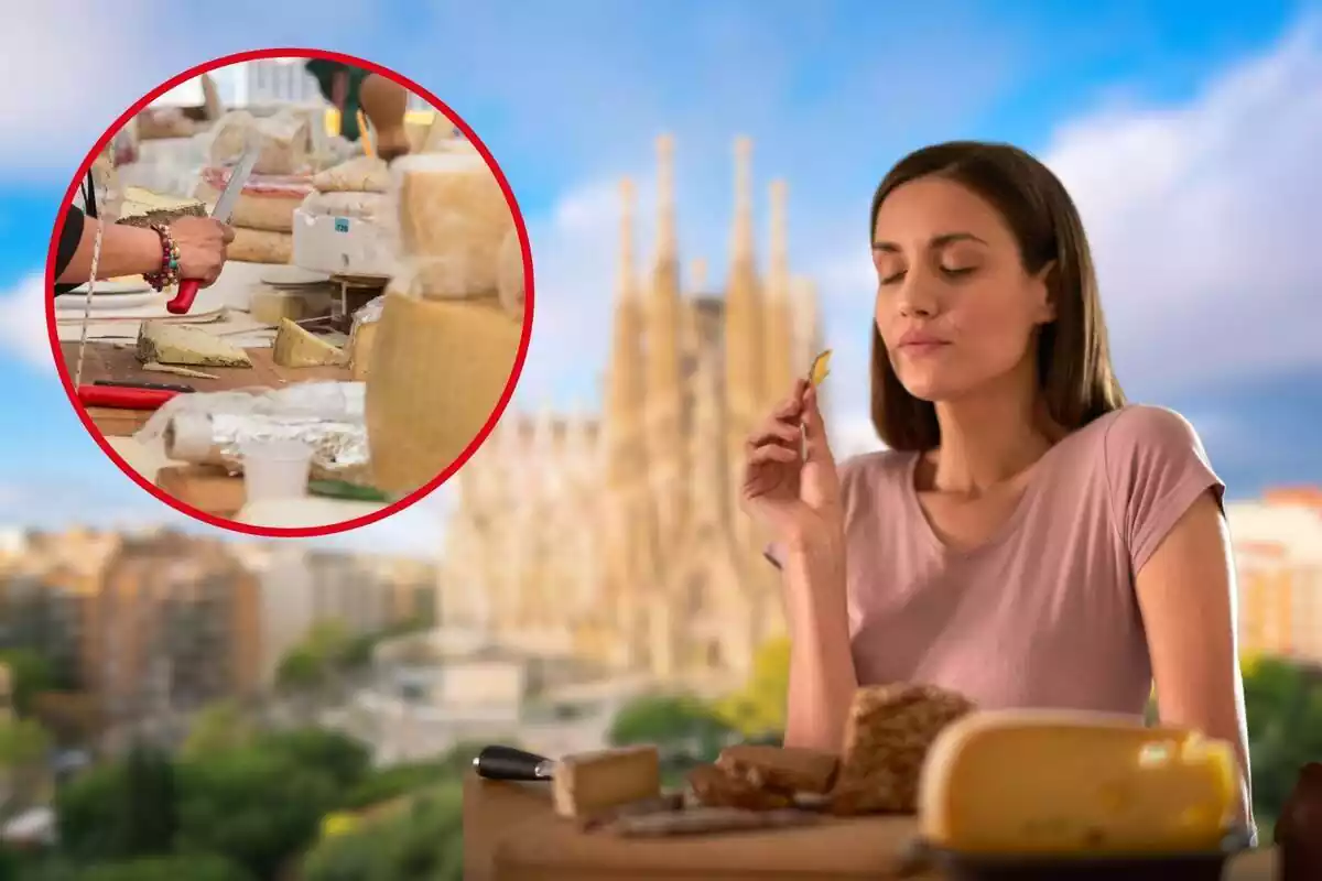 Montaje con Barcelona de fondo, una mujer comiendo queso y círculo rojo con tienda de queso