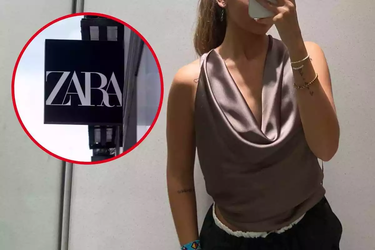 Montaje con chica con top satinado de Zara y círculo rojo con cartel de Zara