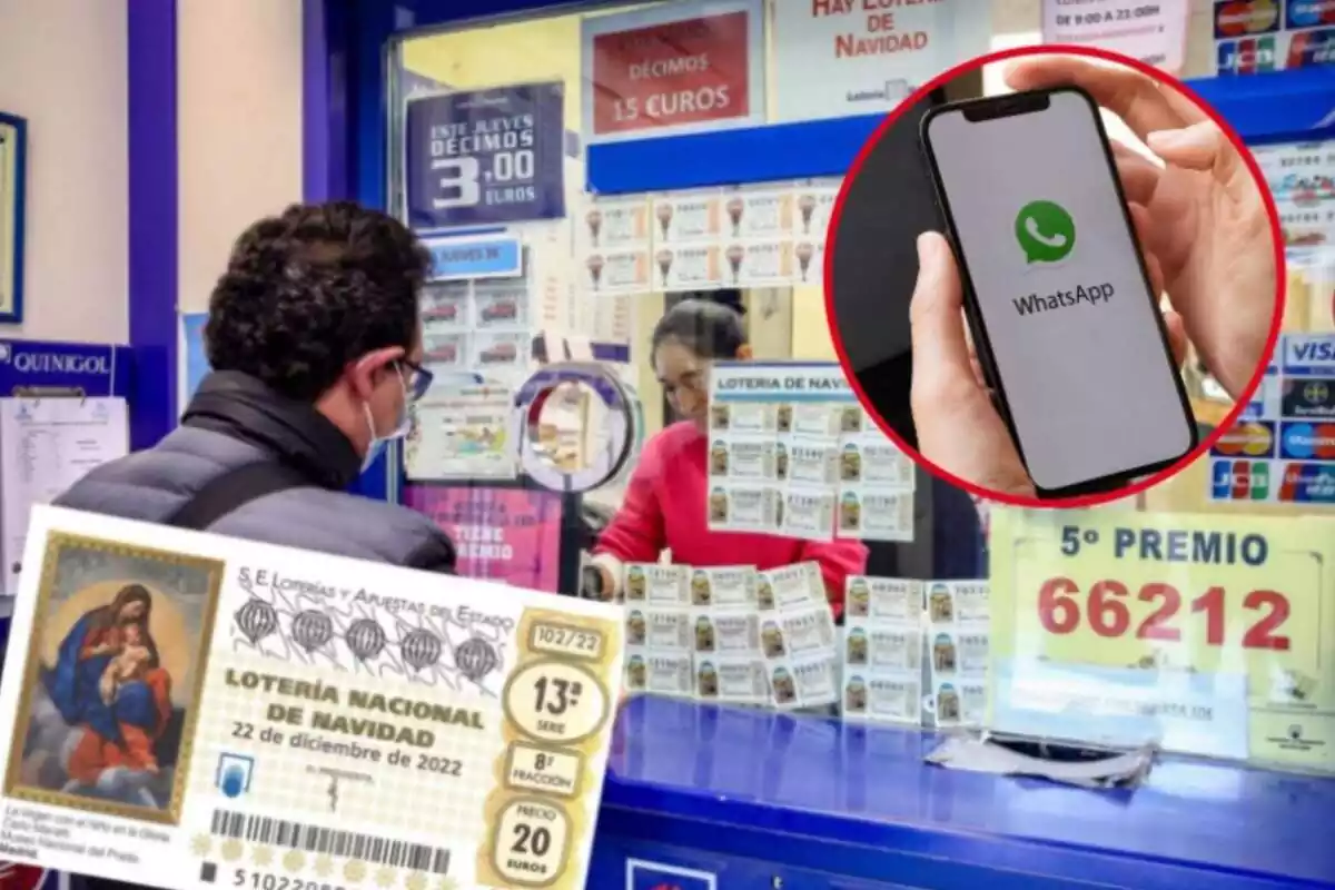 Montaje con hombre comprando en una administración de lotería, décimo del Sorteo de Navidad y círculo rojo con manos sujetando móvil con el logo de WhatsApp