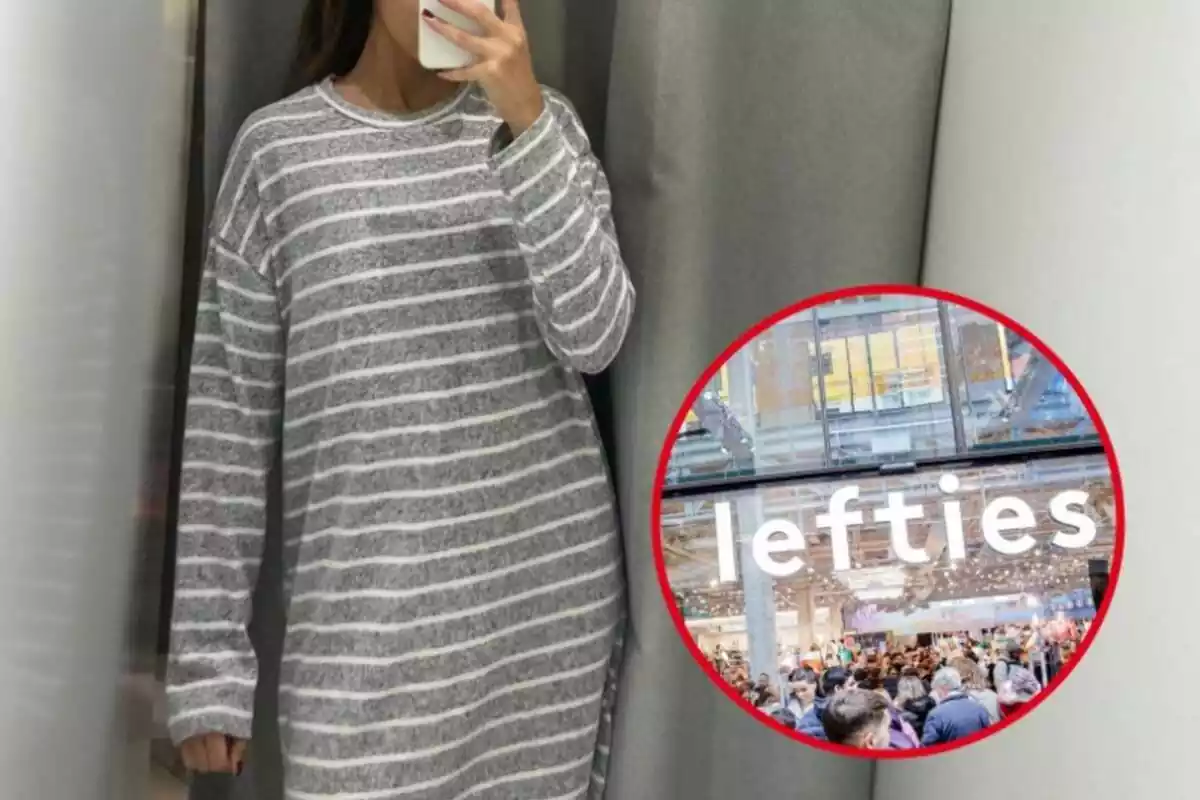 Montaje con chica con vestido de punto de rayas de Lefties y círculo rojo con tienda Lefties