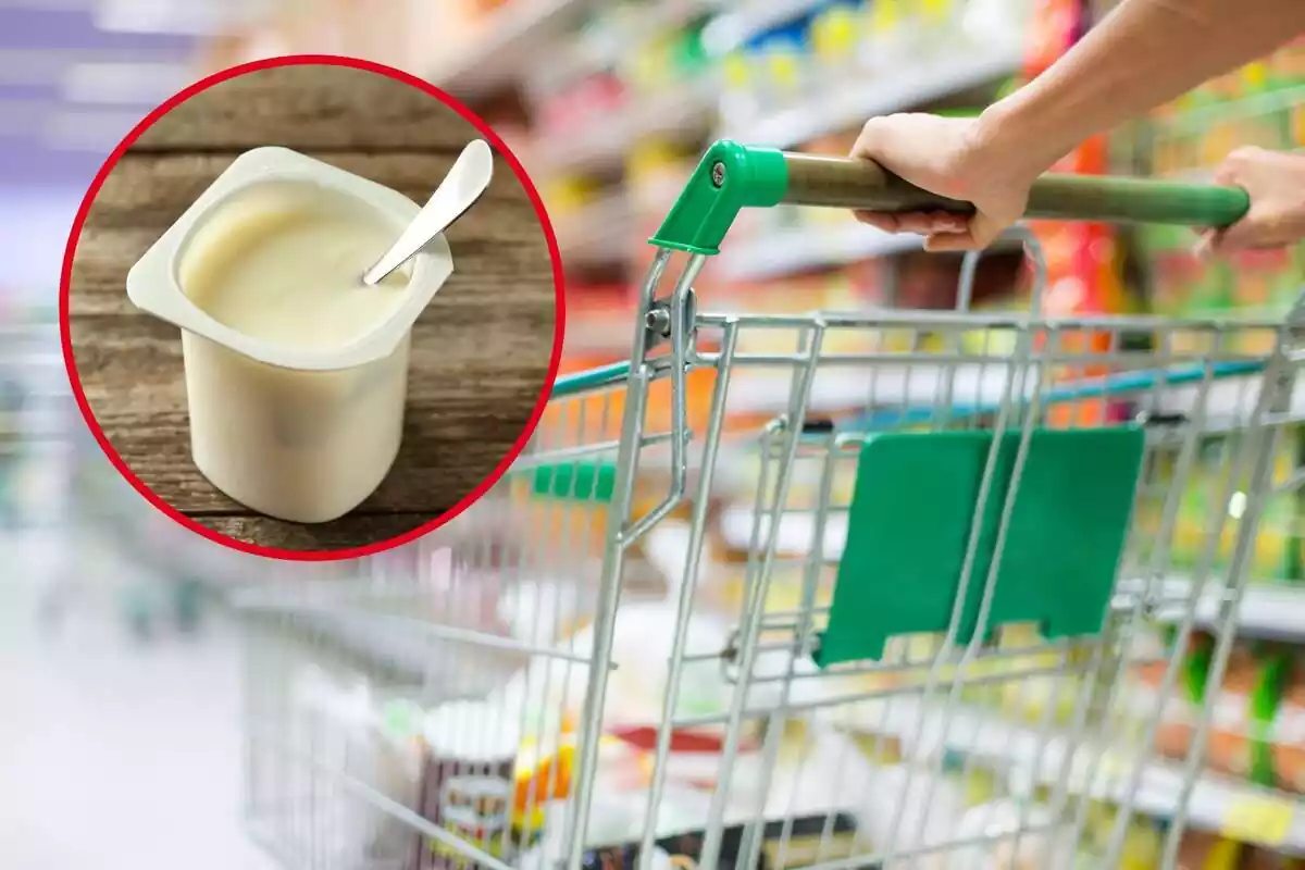 Persona con un carro en el supermercado e imagen de un envase de yogur con una cuchara