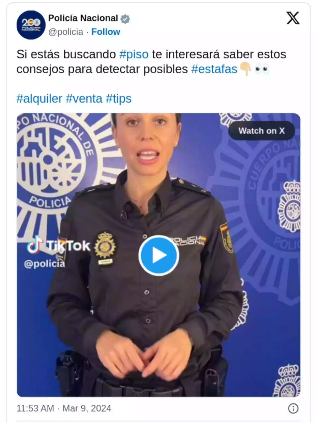Imagen de un post de la Policía Nacional sobre las estafas con los pisos, en el que se ve a una agente en un vídeo Imagen de un post de la Policía Nacional sobre las estafas con los pisos, en el que se ve a una agente en un vídeo