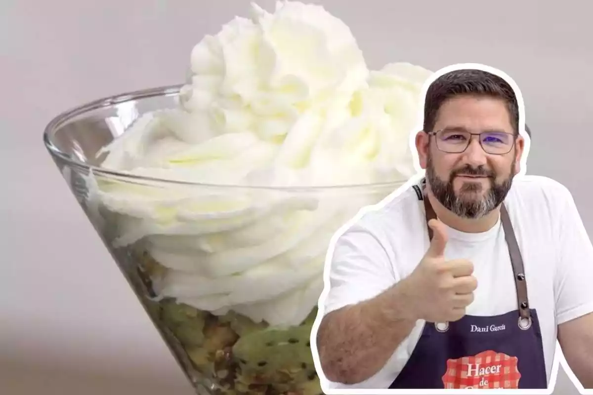 Montaje con mousse de yogur y kiwi, junto a una silueta del chef Dani García levantando el pulgar