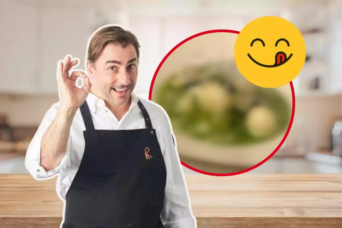 Un chef sonriente con delantal negro hace un gesto de "OK" con la mano, mientras al fondo se ve un emoji de cara sonriente con la lengua afuera y un plato de comida desenfocado.