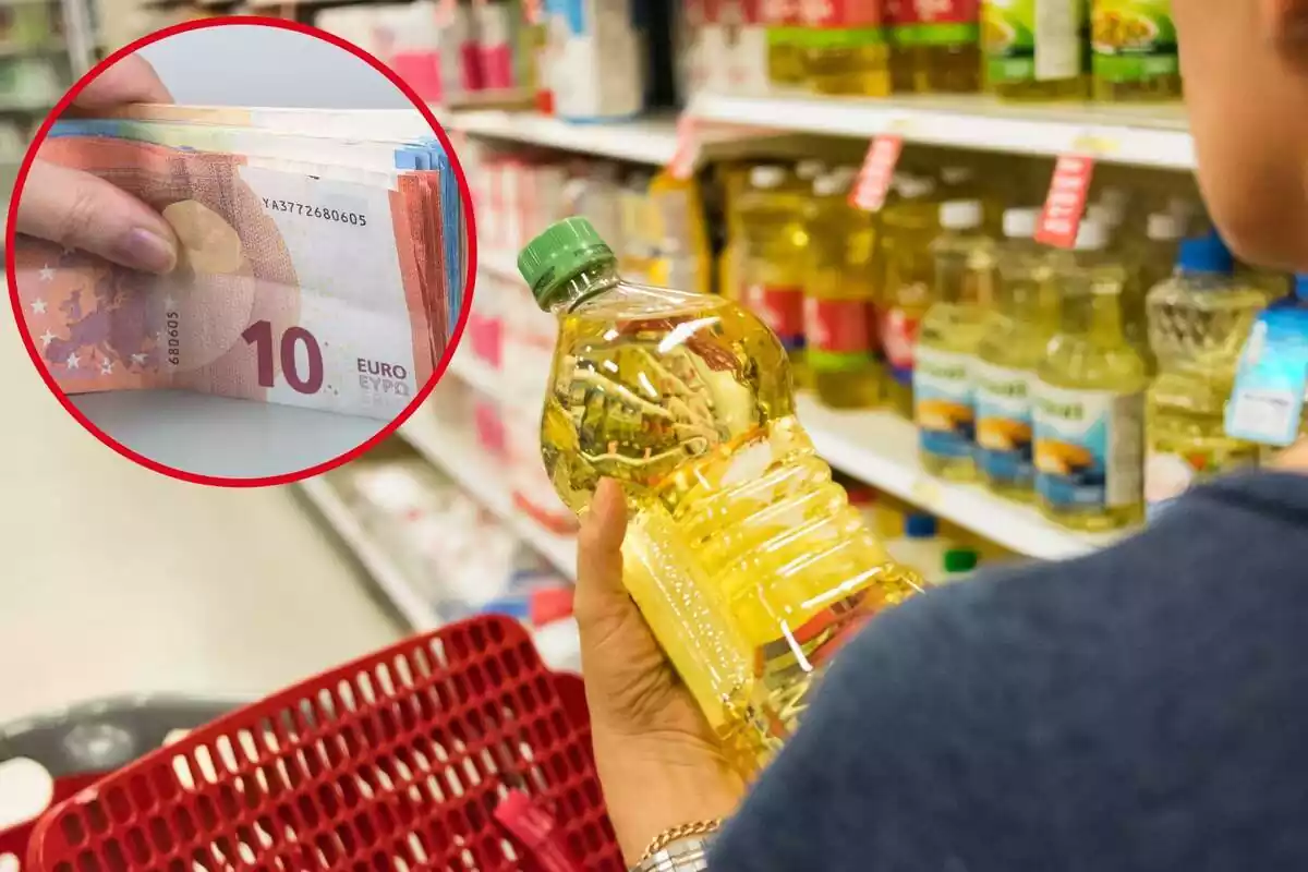 Imagen de fondo de una persona con una botella de aceite en la mano en un supermercado y otra imagen de una mano con varios billetes de euro