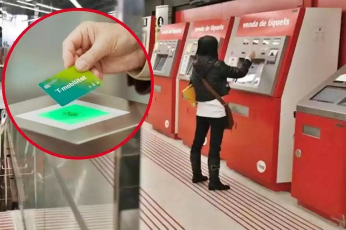 Una mujer comprando un billete de metro en Barcelona con una mano pasando por la maquina su billete