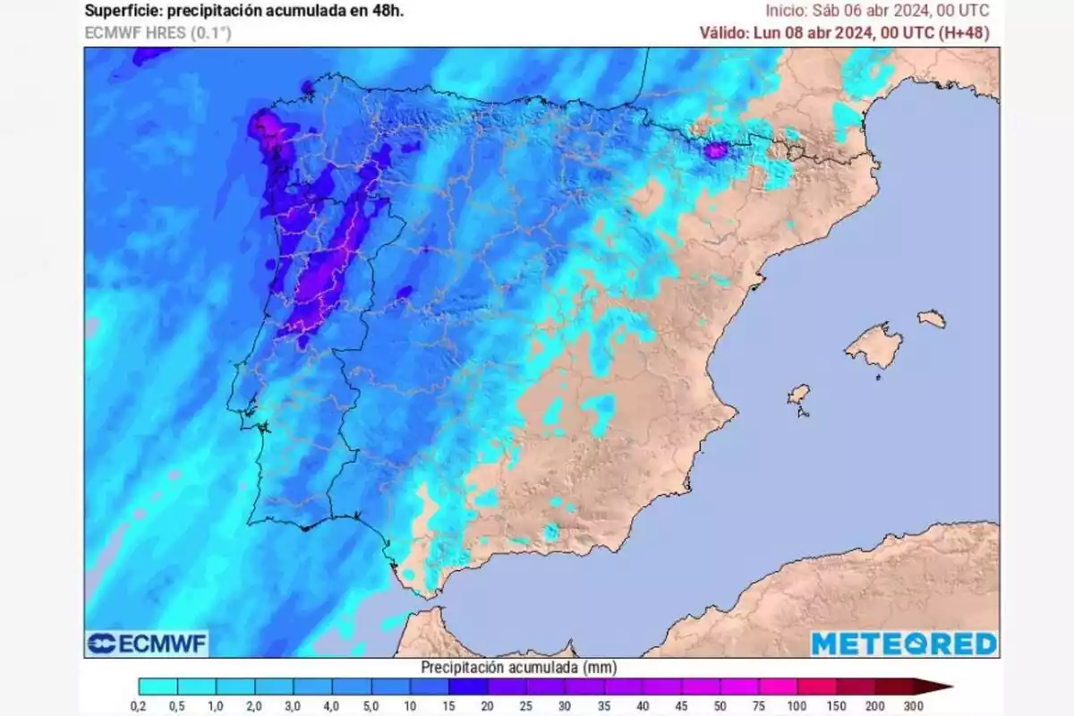 Mapa con las precipitaciones acumulados ente el sábado y el domingo 6 y 7 de abril Mapa con las precipitaciones acumulados ente el sábado y el domingo 6 y 7 de abril