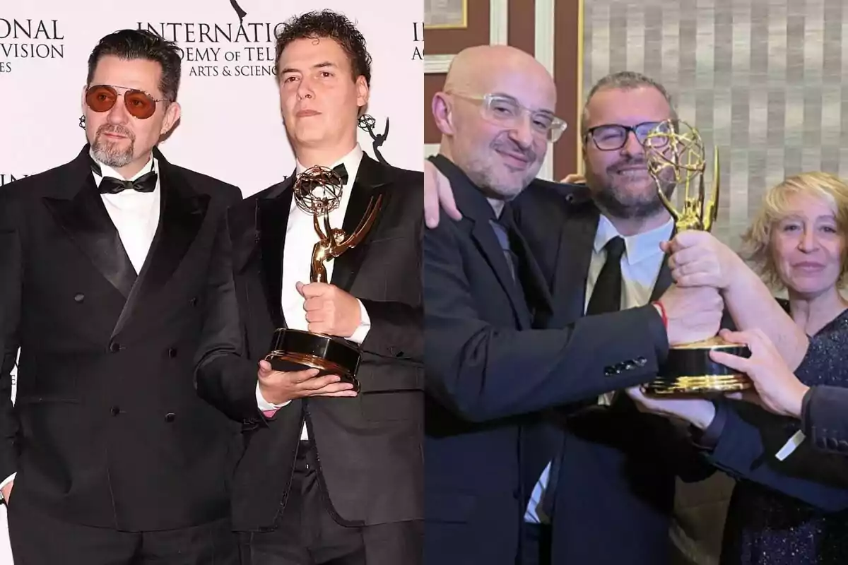 Equipo de La Promesa a la izquierda y equipo del Punt de No Retorn a la izquierda, ambos vestidos elegante sujetando en Premio Emmy.