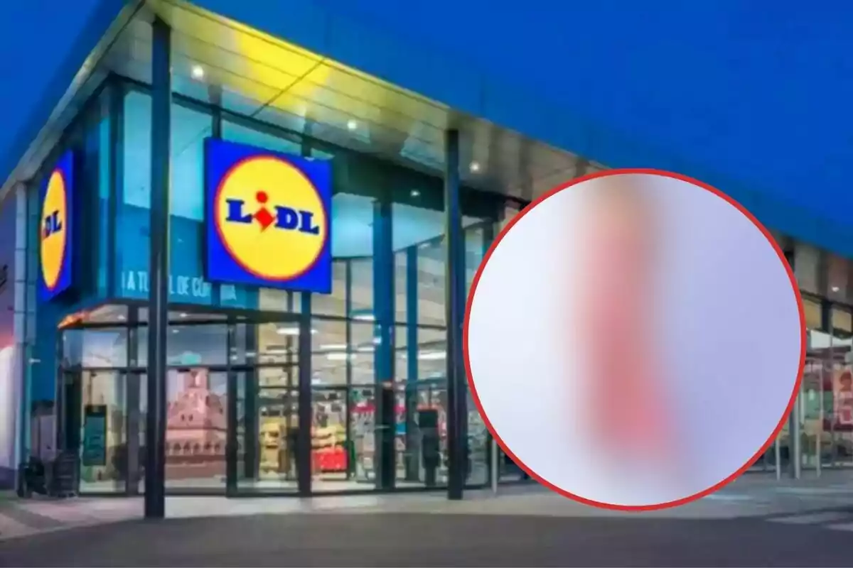 Fachada de una tienda Lidl con un círculo borroso en la esquina derecha.