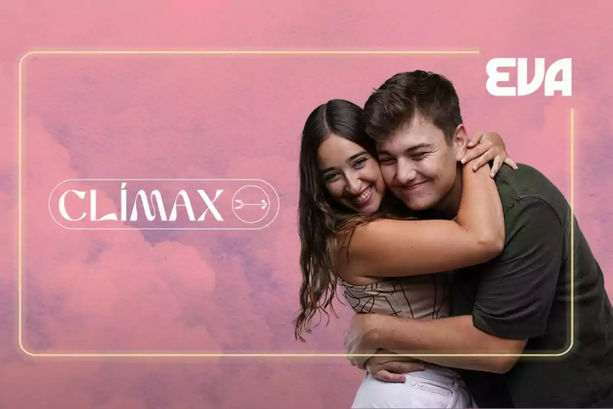 Gerryquerryberry y Carla Junyent abrazándose con una sonrisa en sus rostros, sobre un fondo rosado con el texto "CLÍMAX" y el logo "EVA" en la esquina superior derecha.