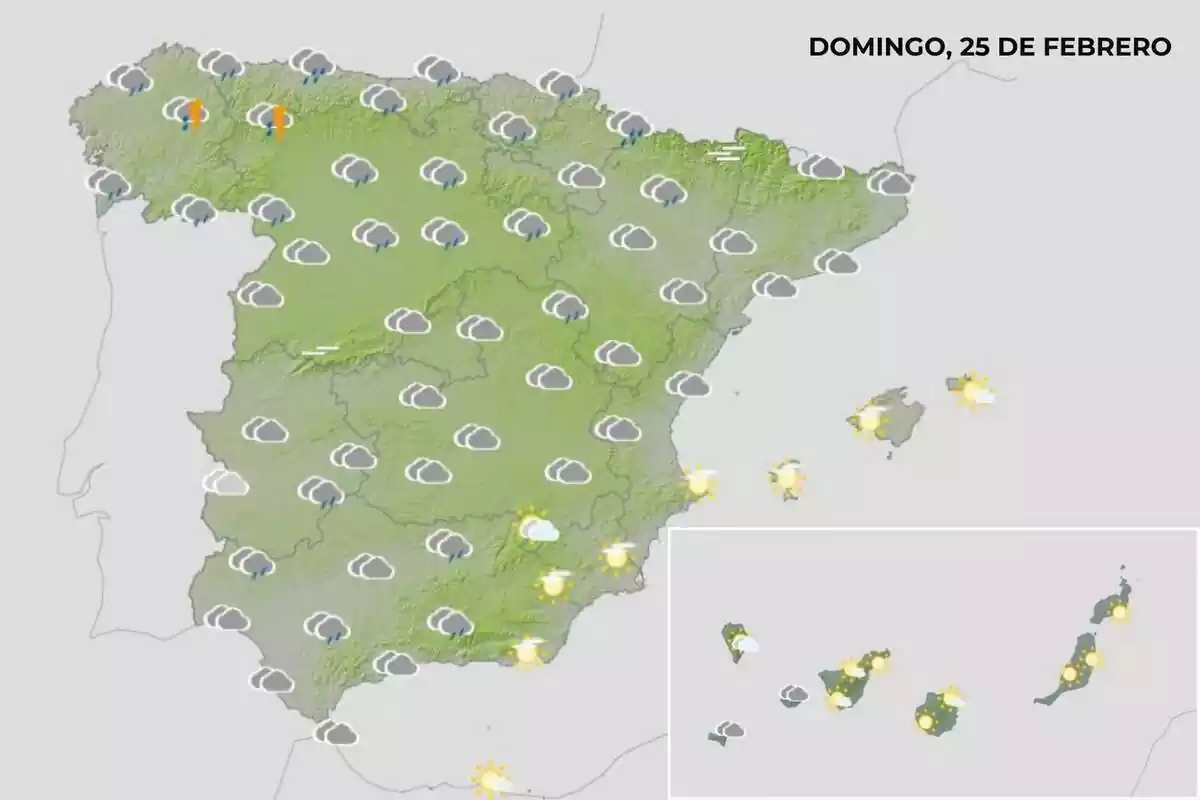 Mapa de la AEMET con un mapa con la previsión para España para el domingo 25 de febrero Mapa de la AEMET con un mapa con la previsión para España para el domingo 25 de febrero
