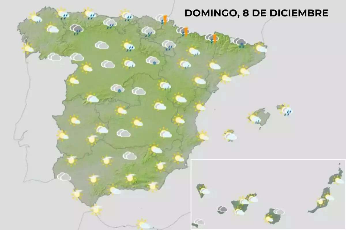 Mapa del tiempo en España para el domingo 8 de diciembre mostrando sol, nubes y lluvia en diferentes regiones. Mapa del tiempo en España para el domingo 8 de diciembre mostrando sol, nubes y lluvia en diferentes regiones.