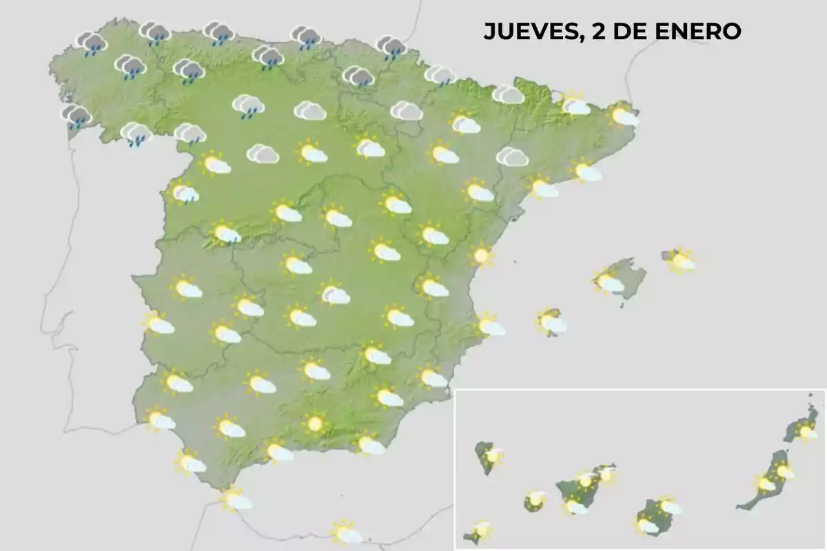 Mapa del tiempo en España para el jueves 2 de enero, mostrando lluvias en el norte y nubes dispersas con sol en el resto del país. Mapa del tiempo en España para el jueves 2 de enero, mostrando lluvias en el norte y nubes dispersas con sol en el resto del país.