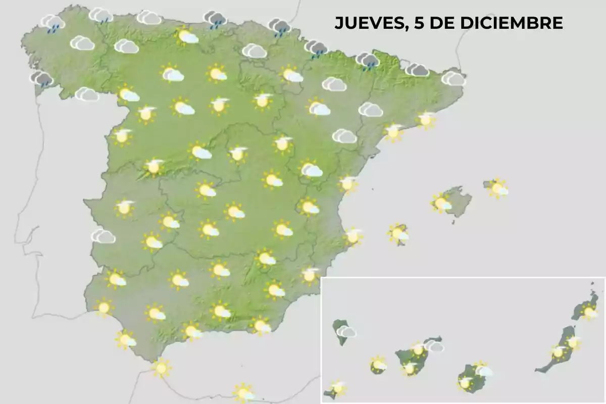 Mapa del tiempo para España el jueves 5 de diciembre mostrando sol en la mayor parte del país con algunas nubes en el norte y las islas. Mapa del tiempo para España el jueves 5 de diciembre mostrando sol en la mayor parte del país con algunas nubes en el norte y las islas.