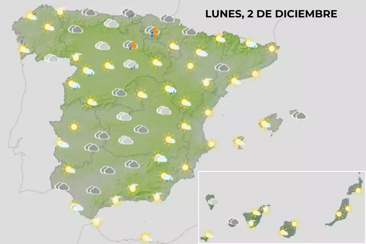 Mapa del tiempo para España el lunes 2 de diciembre mostrando sol y nubes en varias regiones. Mapa del tiempo para España el lunes 2 de diciembre mostrando sol y nubes en varias regiones.